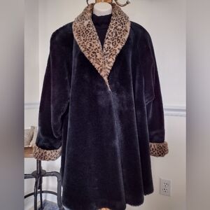 Vintage Black Faux Fur Coat With Leopard Shawl Collar, Oversize, Made USA sz M